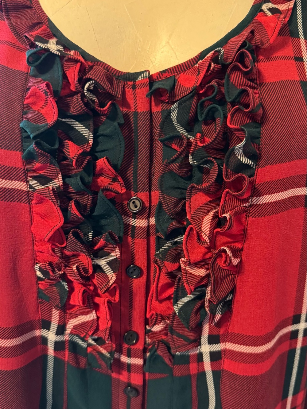 Pendleton Red and Green Plaid Ruffle-Front Blouse - Picture 2 of 6